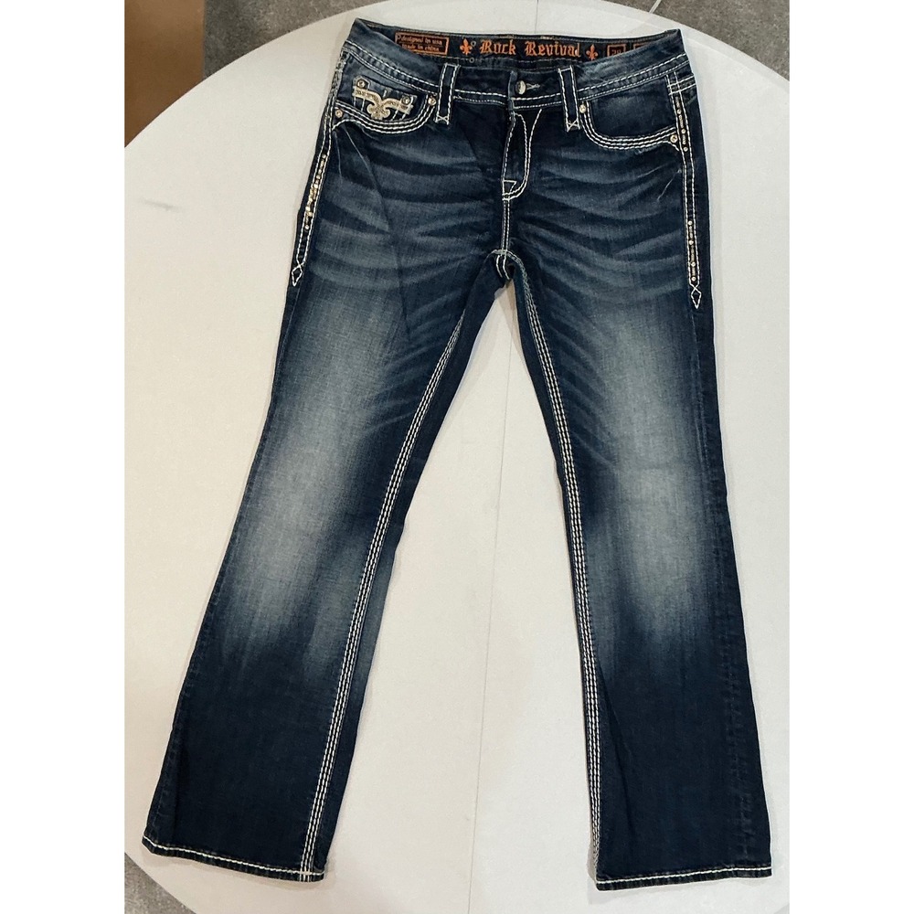 Y2K Rock Revival Kai Bootcut Jeans Sz 28 Low Rise Dark Wash Rhinestone McBling
